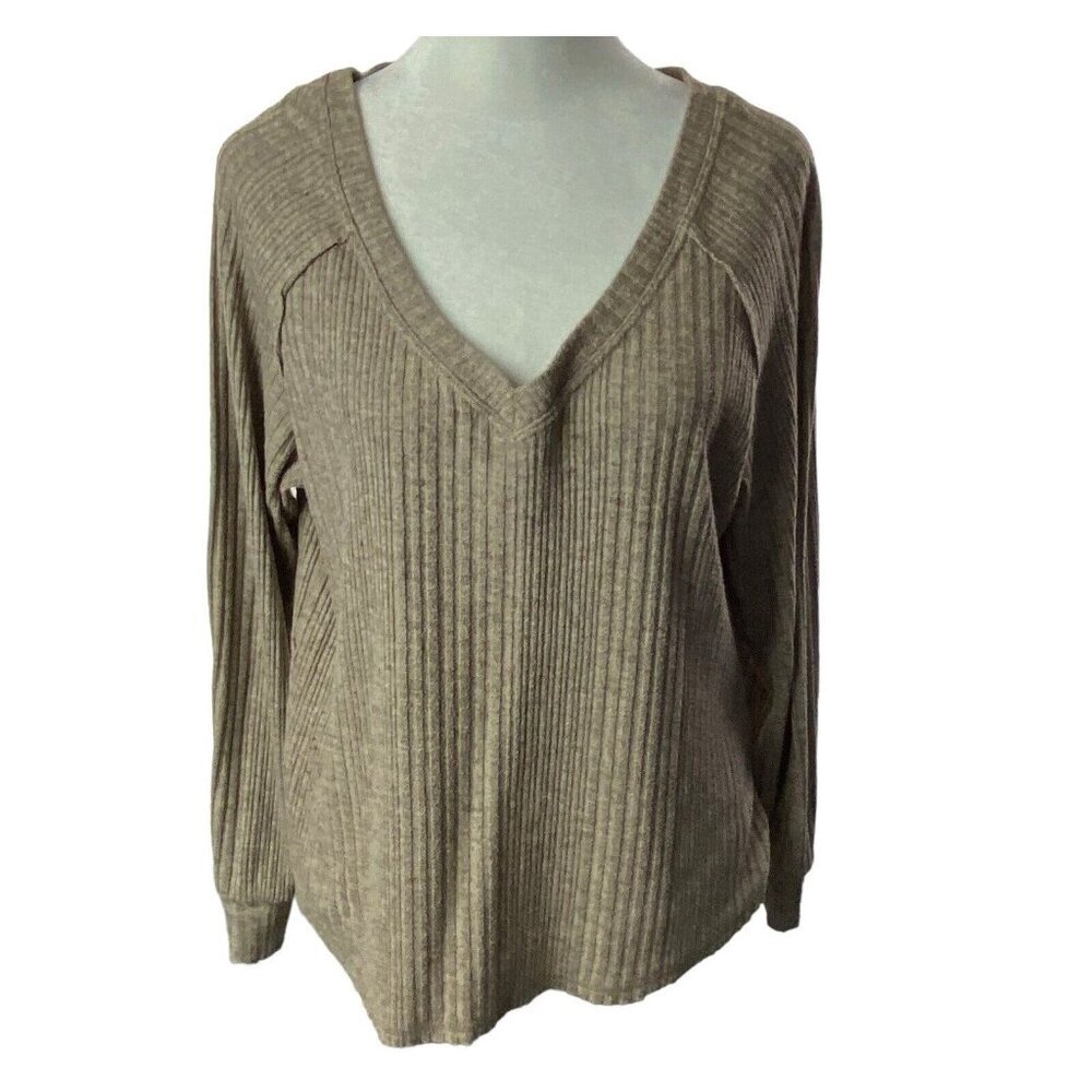 LUCKY BRAND Women Pullover Ribbed Long Sleeve V Neck Sweater Sz M Brown 3-38